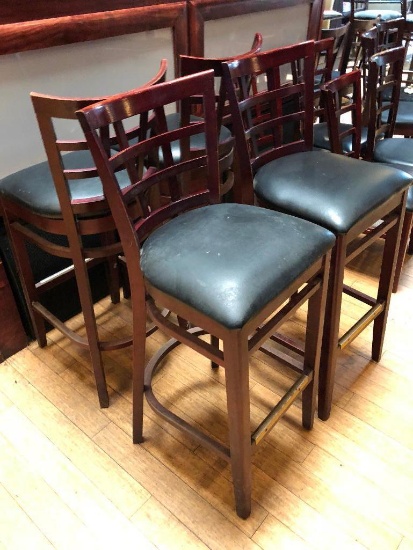 Lot of 4 Pub Chairs by K Furniture, Vinyl Seat Cushions, Wooden Framed, 44" Tall, 31" Seat Height