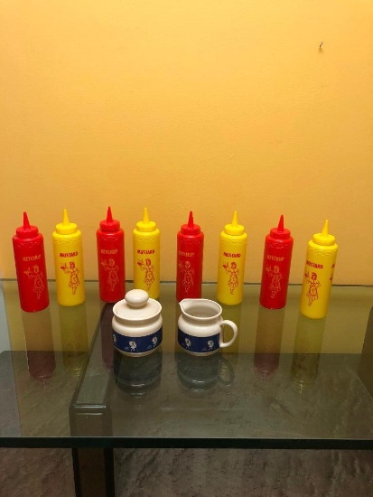 New Old Stock Kitschy Ketchup and Mustard Bottles, 4 sets, and Morton's Salt Brand Creamer and Sugar