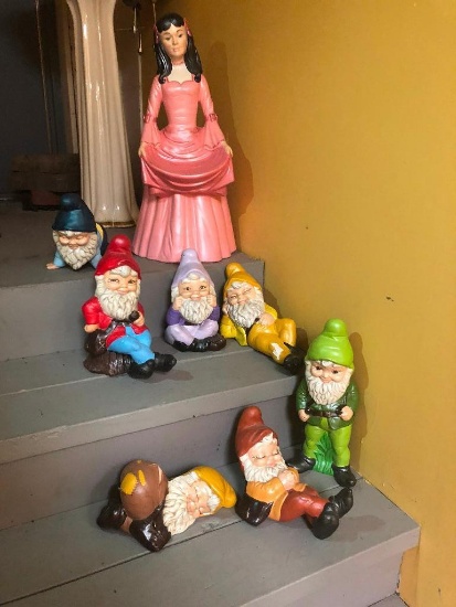 Snow White and The Seven Dwarfs, Gnome Edition. Several Repaired Cracks and Some Chips, See Pictures