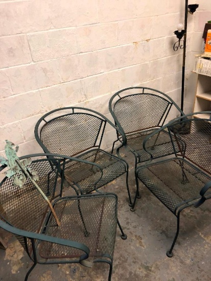 Four Stackable Metal Patio Chairs, Gardening Equipment, and Squirrel Yard Decoration