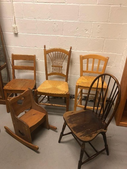 Five Chairs, Child's Rocker, Two All Wood Chairs and Two with Wicker Seats