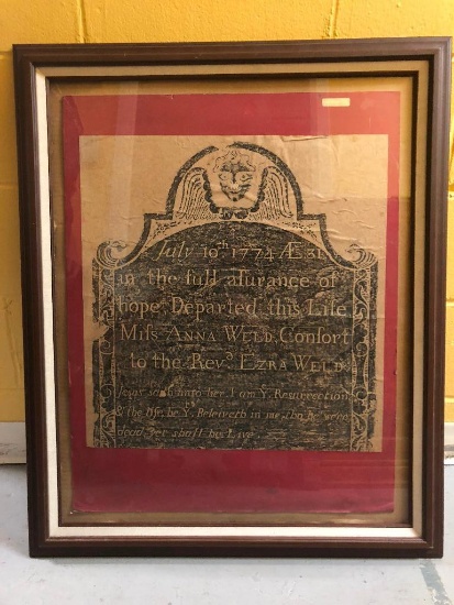 Framed 1774 Headstone Rubbing, frame is 28" Wide X 35" Tall
