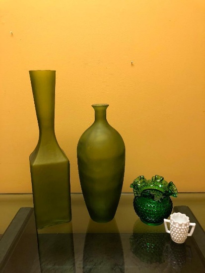 Ooversized Green Vases, Hobnail Green Candy Bowl, Small White Hobnail Cup