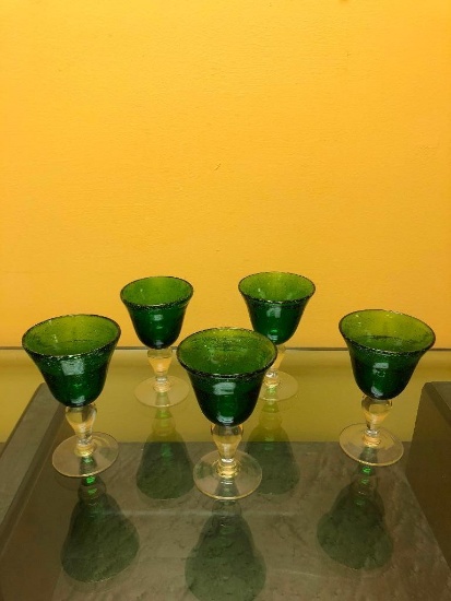 Five Handblown Glass Green Wine Glasses with Stems