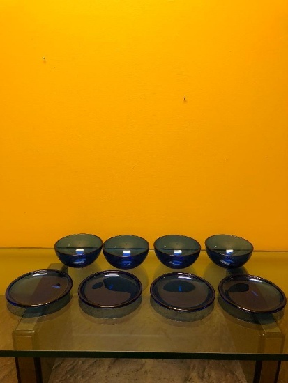 Set of Four French Blue Glass Plates and Bowls