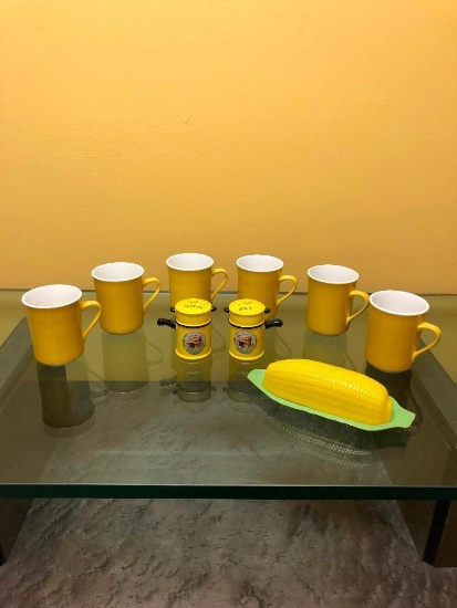 Set of Six Yellow Syracuse China Coffee Mugs, Nebraska City S/P Shakers, Corn on the Cob Plastic