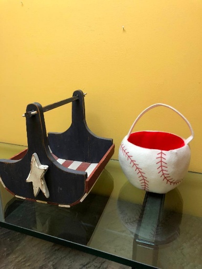 4th of July Rustic Styled Wooden Basket and Cloth Baseball Bucket