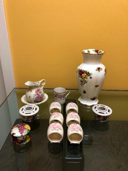 Floral Design lot, Including 9" Royal Doulton Vase, Lefton Pitcher and Cup, Jewelry Dish, Napkin