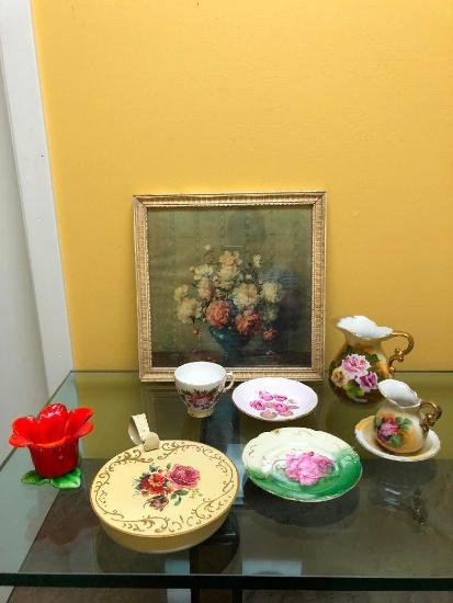 Floral Design lot, Including Enesco Pitcher, Other Misc. Plates, Bone China Teacup, Framed Still