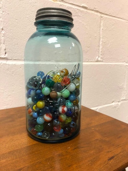 Large Blue Ball Perfect Mason Jar Filled with Marbles