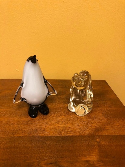 Glass Statues, 4" Clear Dog and Black and White Penguin