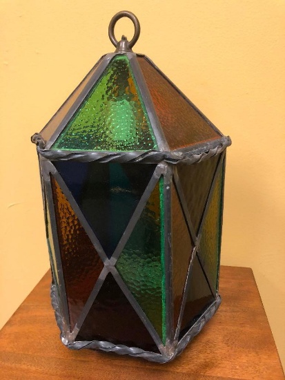 Stained Glass Hanging Lantern, 15" Tall, 9" Wide; No Electrical Plug (hardwire)