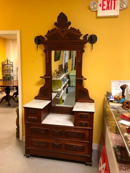 Solid Wood Victorian Dresser/Vanity/Entryway Piece with Fine Detail and Marble Tops, 7.5' tall X 44"