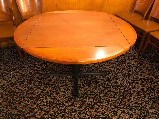 50" Round Table w/ Four 7" Drop Leaves - Laminated Top, Iron Base, Wood Trim