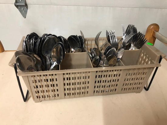 Silverware Caddy w/ Misc. Stainless Steel Silverware, Spoons and Forks