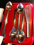 Lot of 5, 2 Stainless Steel Basting Spoons, 2 SS Perferated Serving Spoons, 1 SS Whisk