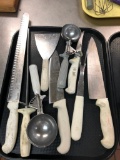 Cooking Utensils: Knives, Scoops, Sharpener, Fork