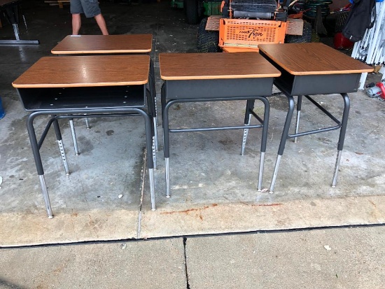 Lot of 4 VIRCO Adjustable Height Student Desks, Laminate Walnut Top, Black Metal Frame, Inside