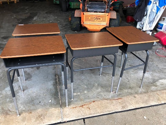 Lot of 4 VIRCO Adjustable Height Student Desks, Laminate Walnut Top, Black Metal Frame, Inside