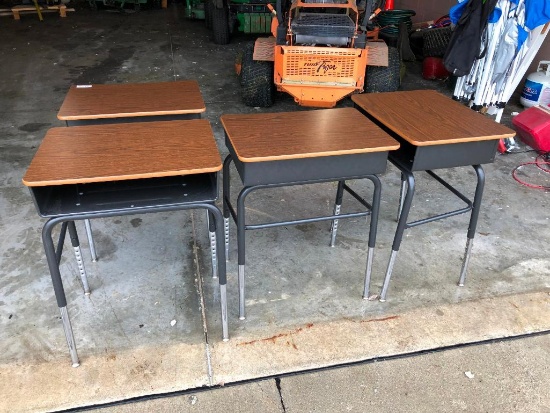 Lot of 4 VIRCO Adjustable Height Student Desks, Laminate Walnut Top, Black Metal Frame, Inside