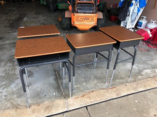 Lot of 4 VIRCO Adjustable Height Student Desks, Laminate Walnut Top, Black Metal Frame, Inside