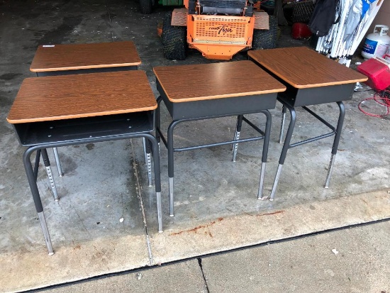 Lot of 4 VIRCO Adjustable Height Student Desks, Laminate Walnut Top, Black Metal Frame, Inside