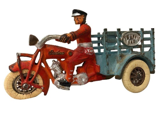 Hubley Cast Iron Indian Motorcycle with Traffic Car