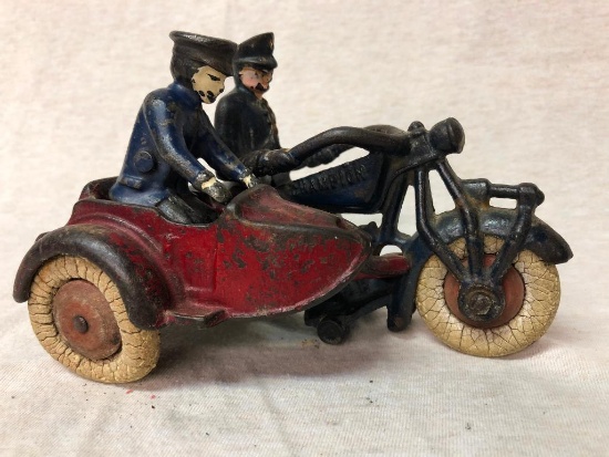 Hubley Champion Cast Iron Motorcycle with Rider and Side Car