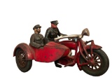 Hubley Cast Iron Indian Motorcycle with Rider and Sidecar, 9 inches