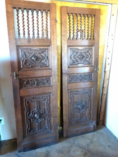 Antique Belgium Wooden Saloon Swinging Doors w/ Barley Twist Spindles, Carved Lion Woodwork &