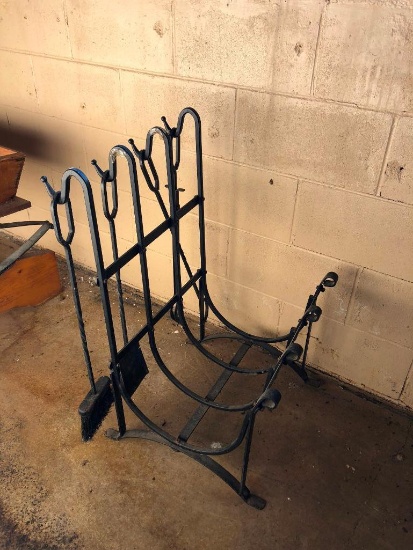 Wrought Iron Log Rack w/ Matching Fireplace Tools