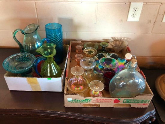Two Boxes of Nice Colored Glass, Carnival Glass, Depression Glass, Pitchers, Bowls