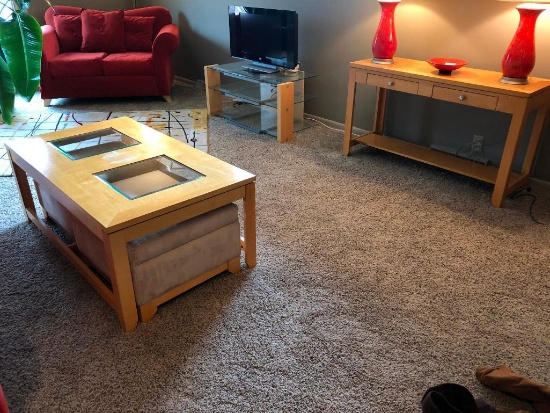 7 Piece Modern Furniture Set, Blonde Coffee Table, TV Stand, 2 Side Tables, 2 Cube Ottomans, Sofa