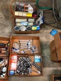 4 Boxes of Combination Wrenches, Leg Nuts, Spark Plugs, Zip Ties, Tape