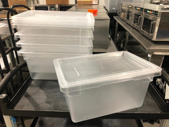 Lot of 5 Cambro 12in x 18in x 9in NSF 4.75 Gallon Clear Plastic Food Storage Boxes w/ Lids