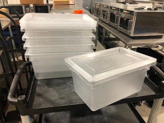 Lot of 5 Cambro 12in x 18in x 9in NSF 4.75 Gallon Clear Plastic Food Storage Boxes w/ Lids