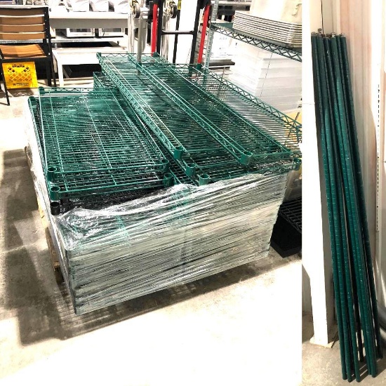 Large Lot of Green Wrapped NSF Stationary Wire Shelving Racks on Pallet