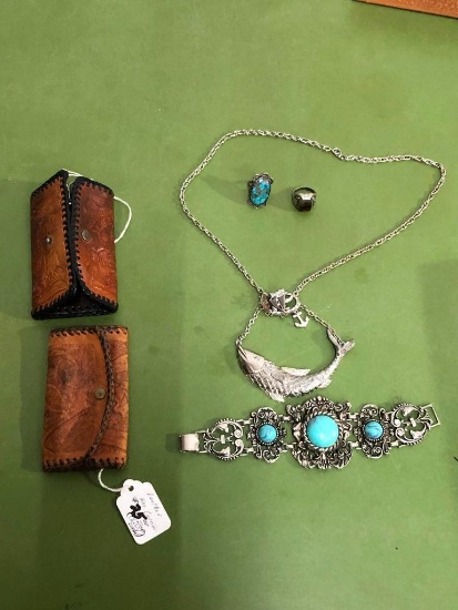 Southwestern Jewelry Lot, 2 Leather Key Purses, Bracelet, 2 Rings, Fish Necklace