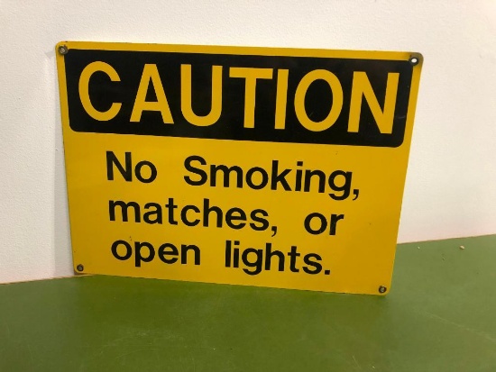 Caution No Smoking Matches, or Open Lights Metal Sign 14in Wide