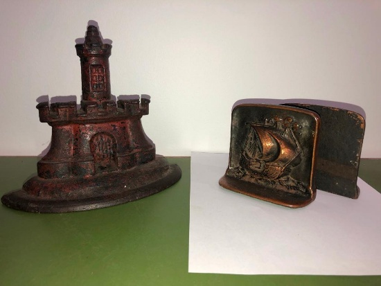 Cutty Ship Bookends and Castle Cast Iron Doorstop, c. 1920's