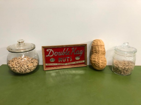 Country Store Peanut Items, Reverse Painted Double Kay Nuts Sign, 2 Glass Jars, Paper Mache Peanut
