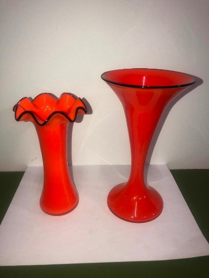 Lot of 2, Tango Czech Glass Art Glass Vases 6.5in, 8.25in