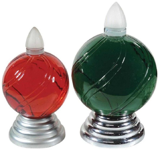 Drug Store Apothecary Show Globes, Art Deco Swirl Glass w/ Light Up Metal Bases