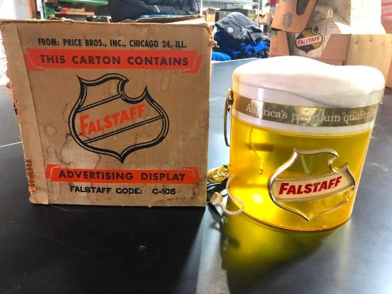 Antique Falstaff Lighted Beer Sign w/ Original Box, Frothing Mug, Lights Up