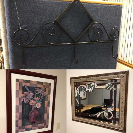 Framed Picture, Metal Coat Rack, Mirror