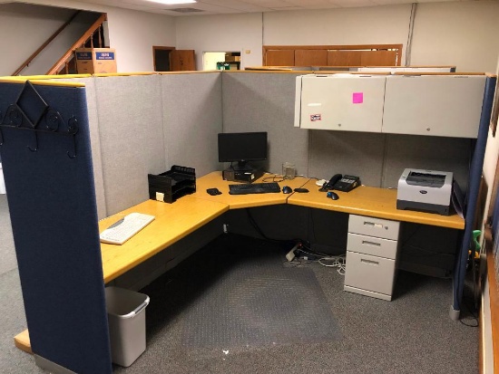 Office Cubicle System w/ Built-In Desk, 8 Feet Tall, 7 Feet Long Each Side, See Removal Notes Below