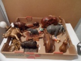 Box of Cast Iron and Wood Elephants w/ a Plastic Dumbo