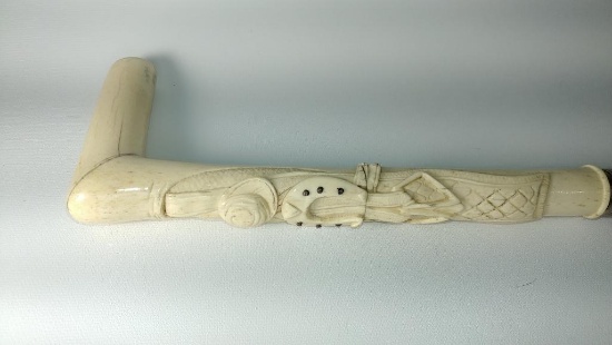 Ornate Carved Tusk or Bone L-Shaped Cane,