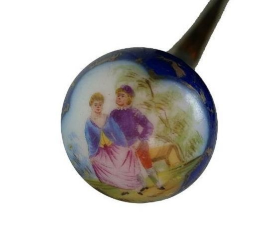 Victorian Era Porcelain Dress Cane with Knob Style Handle, Silver Collar