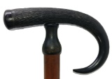 Carved Ebony Bone Crook Handled Cane on Wooden Shaft